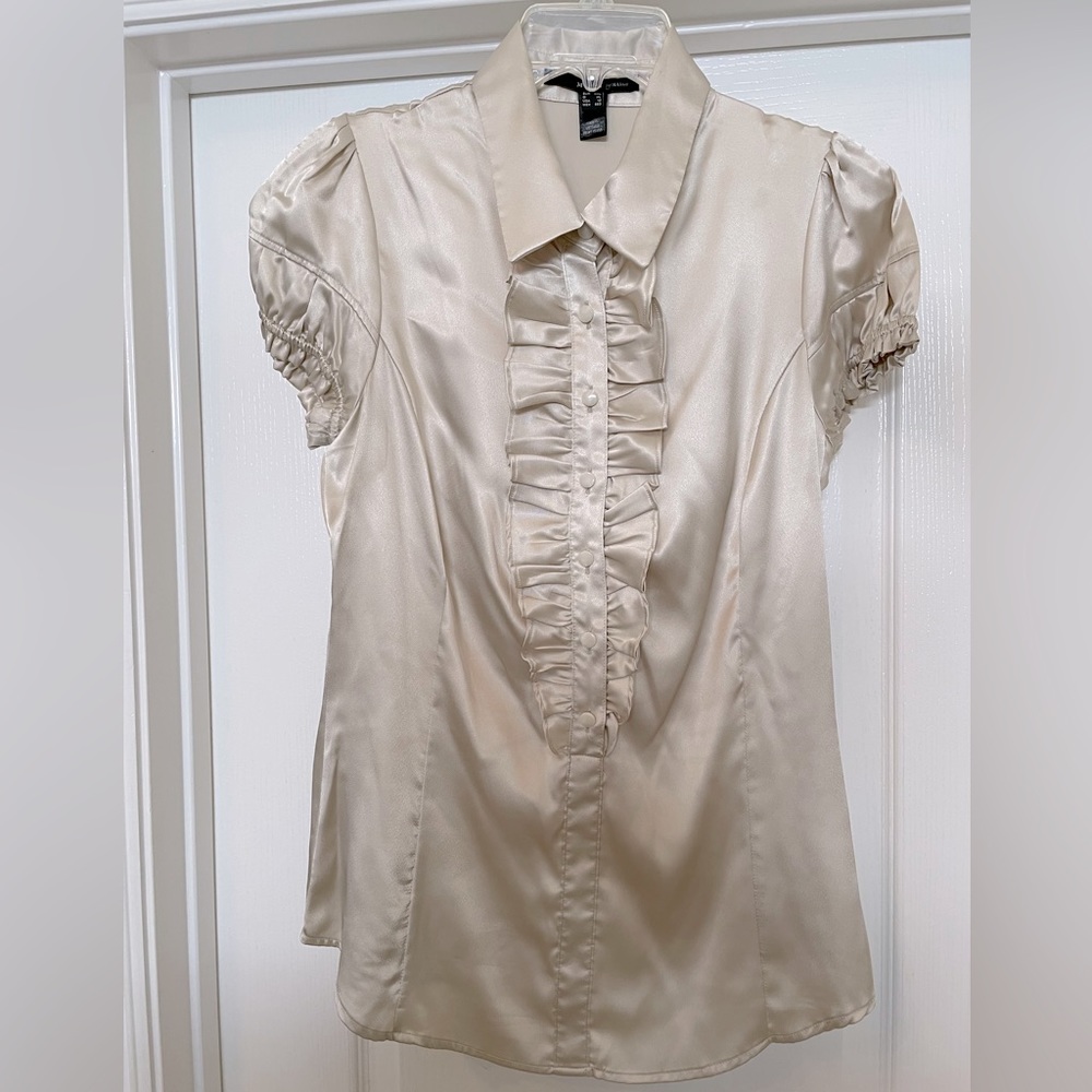 Mango Cream Satin Ruffle Front Short Sleeve Blouse